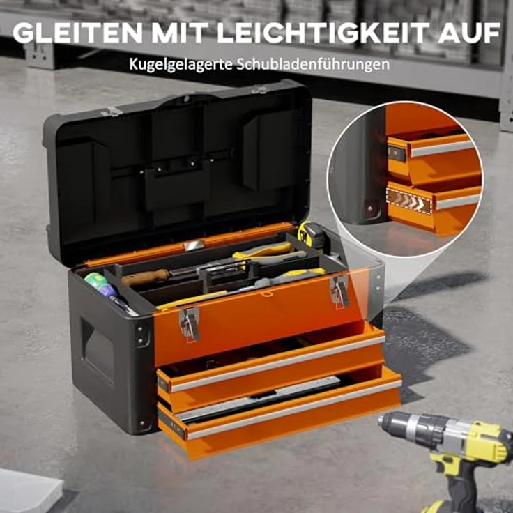 HOMCOM Werkzeugbox mit 2 Schubladen und Mini-Box, Stahl, orange, 49,7 x 25,3 x 28,9 cm, mit handlichem Tragegriff – Bild 4