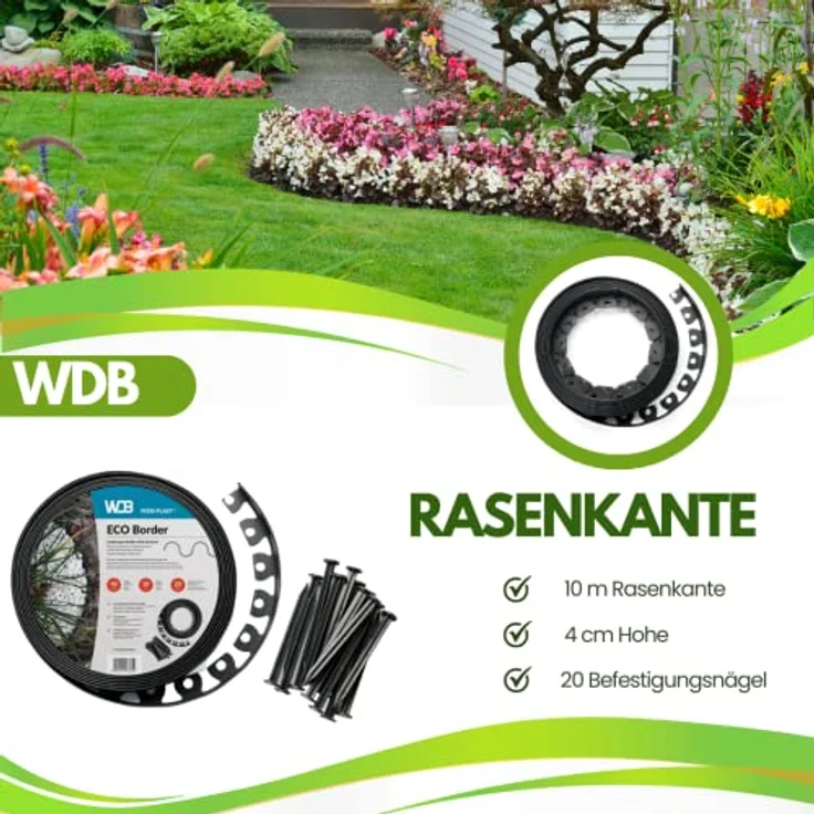 WDB Flexible Rasenkante, 10m lang, 4cm hoch, mit 20 Befestigungsnägeln, schwarz RAL 9005, elastisch und widerstandsfähig gegen Witterungseinflüsse – Bild 2