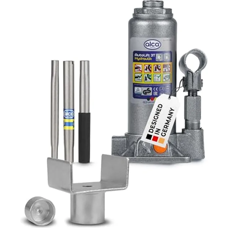 alca® hydraulischer Wagenheber 3t mit U-Adapter, Stempelwagenheber aus Stahl, Hubhöhe 195–380 mm, stabiler Autoheber für PKW, SUV, Transporter, silber-graue Optik, schont empfindliche Fahrzeugteile