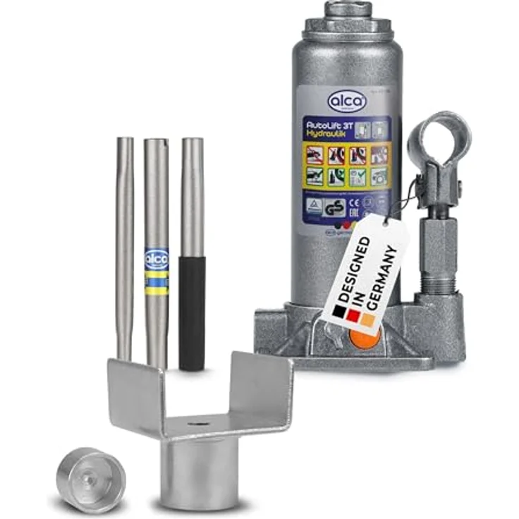 alca® hydraulischer Wagenheber 3t mit U-Adapter, Stempelwagenheber aus Stahl, Hubhöhe 195–380 mm, stabiler Autoheber für PKW, SUV, Transporter, silber-graue Optik, schont empfindliche Fahrzeugteile – Bild 1