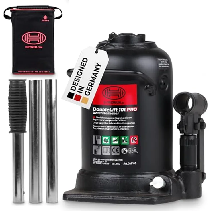 HEYNER® Stempelwagenheber Hydraulisch 10t, Doppelhub-Unterstellheber mit Hubhöhe 210-442mm, inkl. Tasche für SUV/LKW
