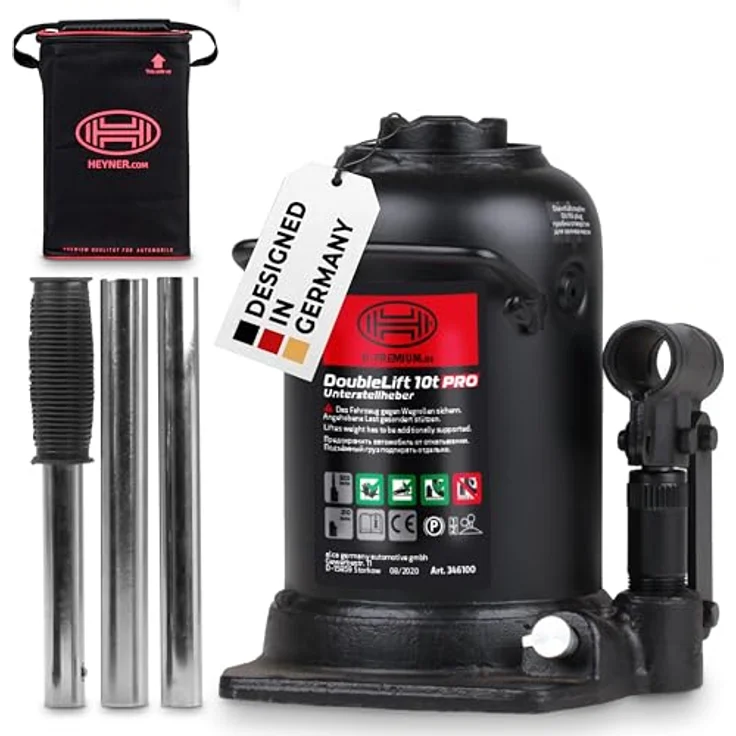 HEYNER® Stempelwagenheber Hydraulisch 10t, Doppelhub-Unterstellheber mit Hubhöhe 210-442mm, inkl. Tasche für SUV/LKW – Bild 1