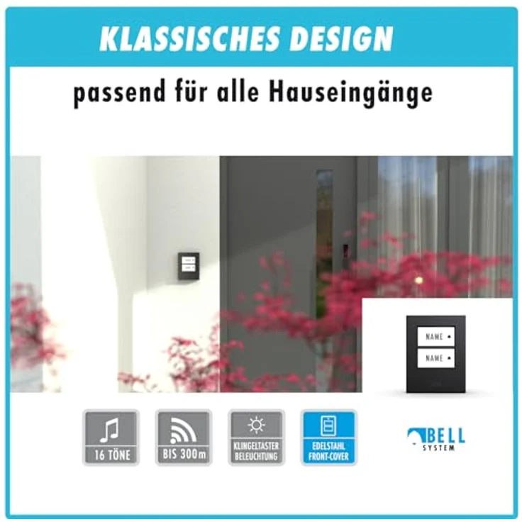 m-e Funkklingel BELL-522 AC, Edelstahl Anthrazit, Erweiterbare kabellose Türklingel mit 300m Reichweite, Set für 2-Familienhaus mit 16 Klingeltönen – Bild 4