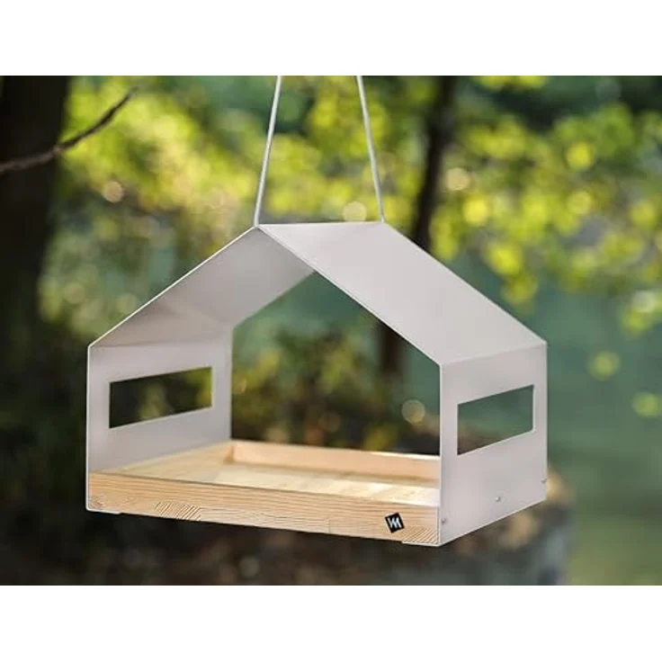 WONDERMAKE® Großes Design Vogelhaus aus Metall und Holz wetterfest zum Aufhängen, modernes Vogelfutterhaus XL Metalldach hängend, Vogelhäuschen Futterhaus für Vögel, Edelstahl Kiefer, grau-beige – Bild 2