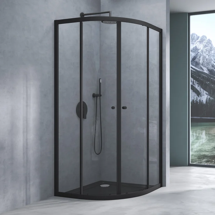 Mai&Mai Duschkabine 80x80 viertelkreis Schwarz Dusche Duschabtrennung mit 2 Schiebetüren inkl. Duschtasse ESG-Sicherheitsglas Nano-Beschichtung Ravenna32K, Klarglas, Hebe-Senk Funktion, Alu-Schwall-Leiste – Bild 1