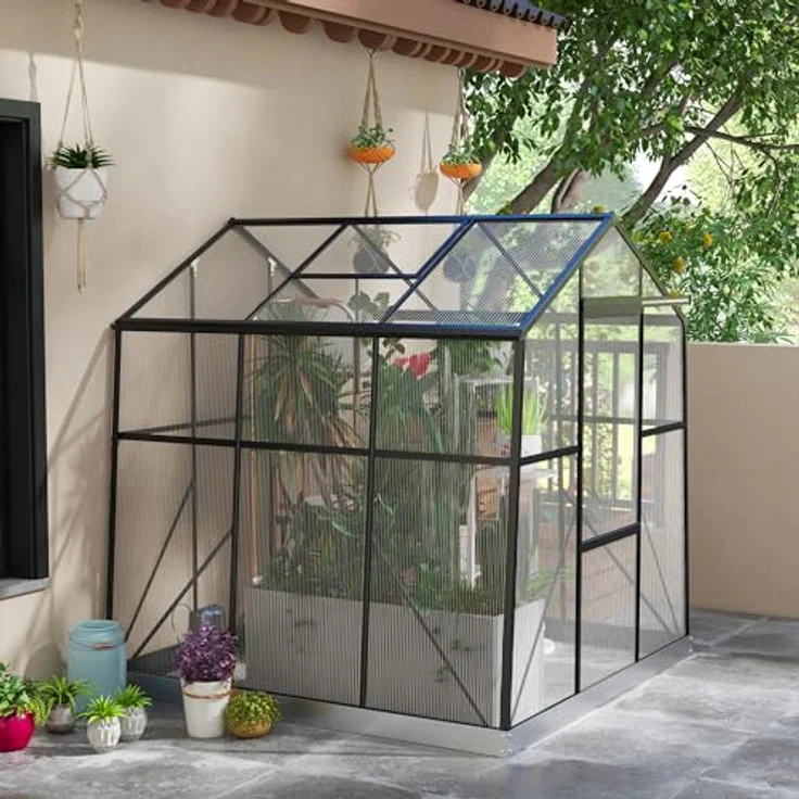 Outsunny Gewächshaus Aluminium 192 x 192 x 204 cm Treibhaus 3,68 m² Tomatenhaus mit Fenster, Schiebetür, Fundament, Aufzucht Pflanzenhaus für Garten, Balkon, Schwarz – Bild 2