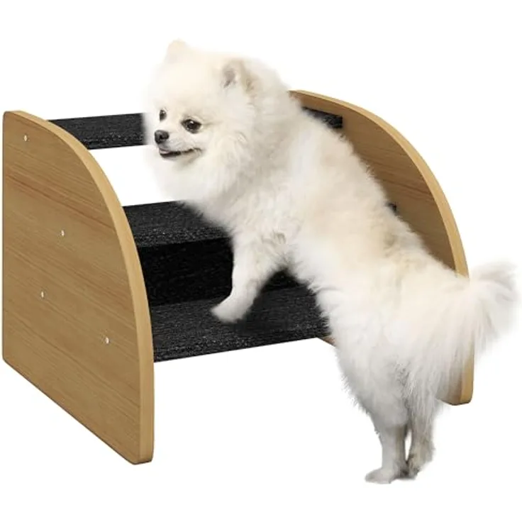 PawHut Hundetreppe 3 Stufen, Haustiertreppe mit Seitenwand, Hunderampe für Kleine Hunde bis 10 kg, Kaztentreppe für Sofa, Bett, rutschfest, Eiche