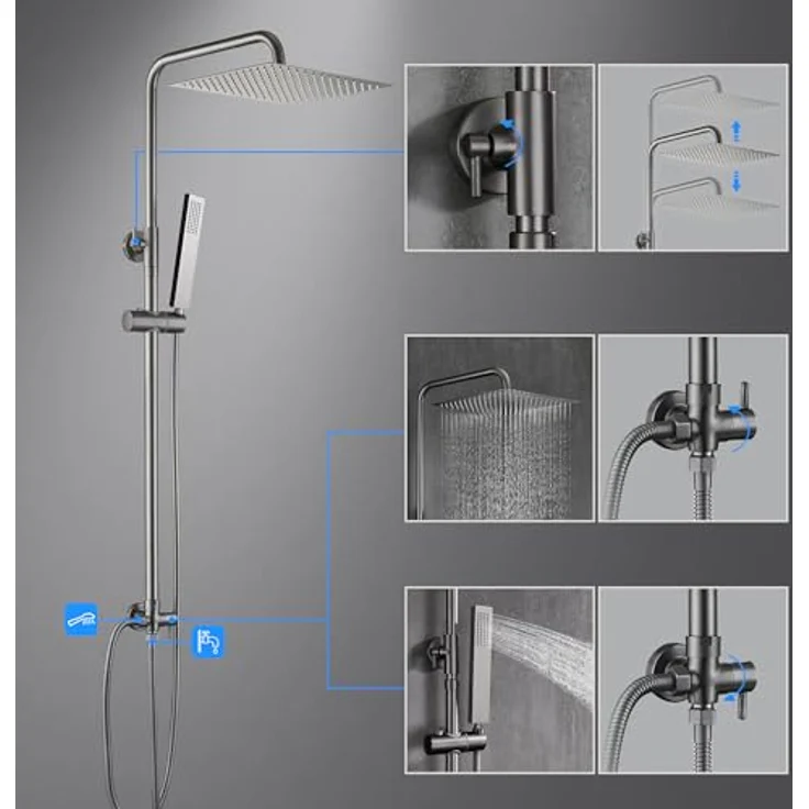 Görbach Regendusche Duschsystem ohne Armatur, Eckig 20x20 cm, Edelstahl, Gunmetal Grau, höhenverstellbar, mit Handbrause und Massiv Messing Umsteller – Bild 5