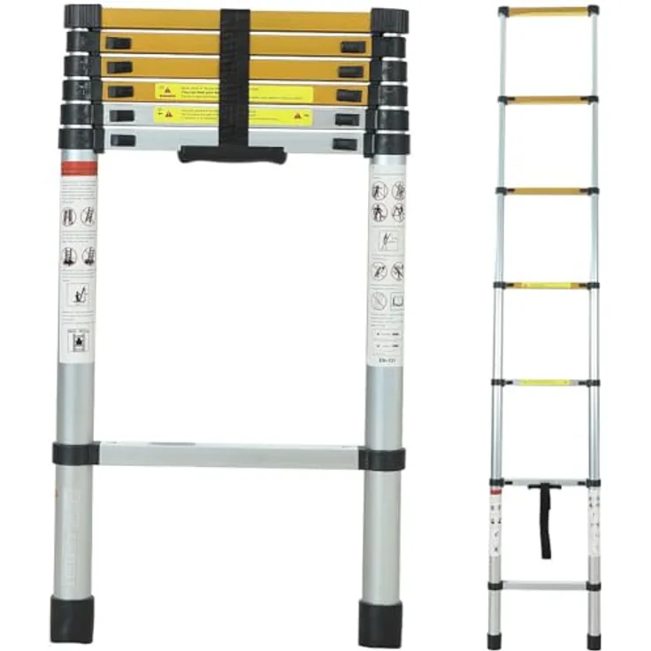 ANDIARBEIT Höhenangst Teleskopleiter aus Aluminium, kompakt & faltbar, max. Belastbarkeit 150 kg, rutschfeste Sprossen & gummierte Füße, für Haus & Garten, 2,6 m.