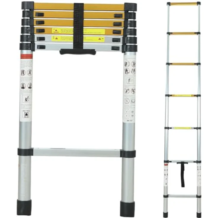 ANDIARBEIT Höhenangst Teleskopleiter aus Aluminium, kompakt & faltbar, max. Belastbarkeit 150 kg, rutschfeste Sprossen & gummierte Füße, für Haus & Garten, 2,6 m. – Bild 1