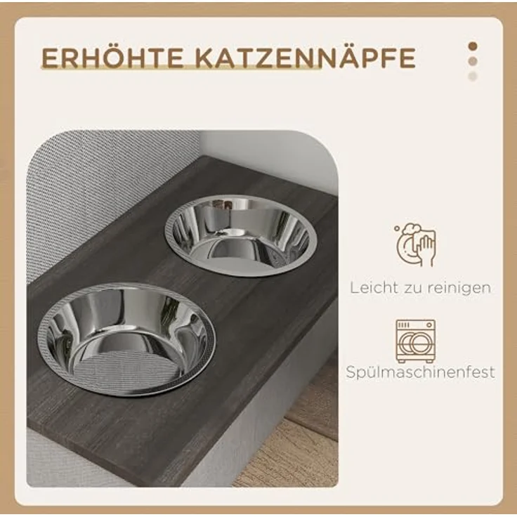 PawHut Tierbett Katzenhaus mit 2 Edelstahlnäpfen, Katzenbett Kissen, Kratzmatte, für Katzen und Hunde bis 8 kg, Polyester, Grau – Bild 3
