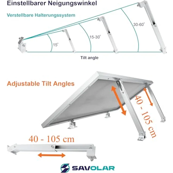 SAVOLAR Solarmodul Halterung Balkonkraftwerk Flachdach (15-60°) Winkel Einstellbar, 40-105cm Verstellbar, Aluminiumlegierung, Schwarz – Bild 5