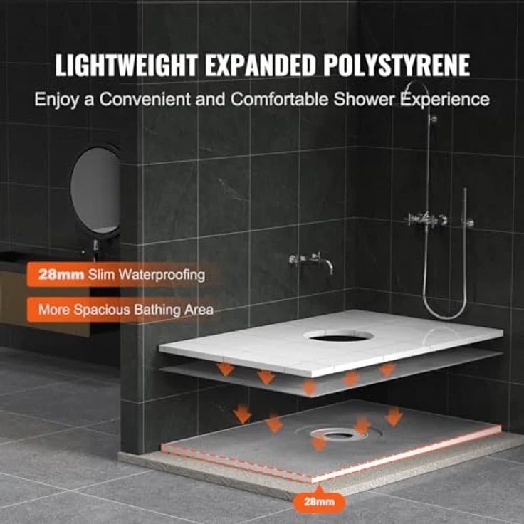 VEVOR Duschrand-Set, 1524 x 965 x 28 mm, leichtes EPS-Duschinstallationsset mit Zentralablauf und 2 wasserdichten Tüchern, ideal für Badezimmeranwendungen – Bild 3