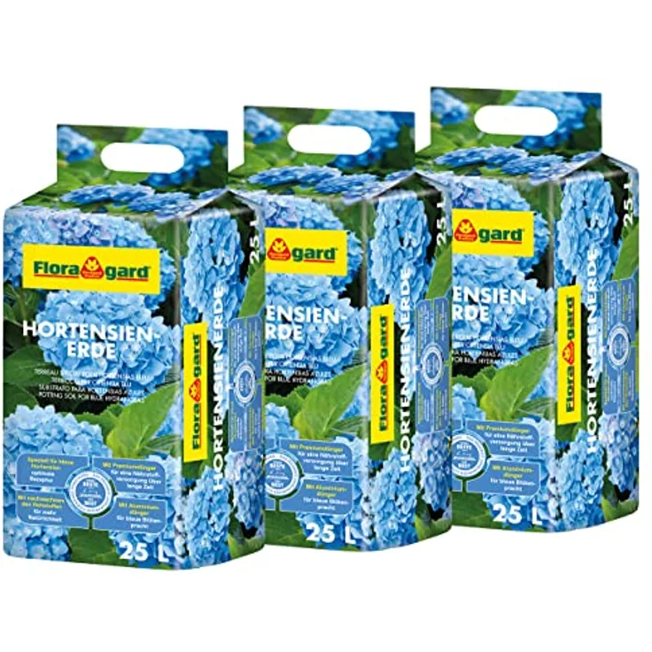 Floragard Hortensienerde blau 3x25 L - zum Pflanzen und Umtopfen - für Beet- und Kübelbepflanzung - für Blaue Hortensien - mit Tongranulat
