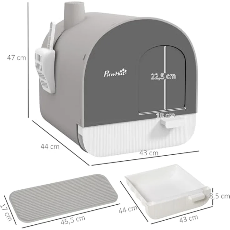 PawHut Katzentoilette Toilette mit Haube für Katzen bis 5 kg Katzenklo mit Deckel inkl. Schaufel ausziehbares Tablett Katzenstreu Matte Kunststoff Grau 43 x 44 x 47 cm – Bild 5