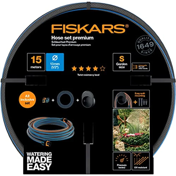 Fiskars Wasserschlauch-Set, 15 m mit 2 Schlauchanschlüssen und Wandhalterung, Verwindungssteifigkeit Stufe 4, Ø 1,3 cm, Schwarz/Orange/Blau, 1027678 – Bild 5