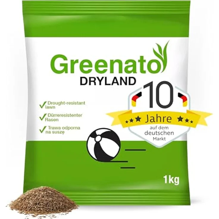Greenato Rasen Nachsaat Dryland 1kg, Trockenresistenter Grassamen für schnelle Keimung, ideal für Frühjahr & Herbst, ausreichend für 40m²-100m² – Bild 1