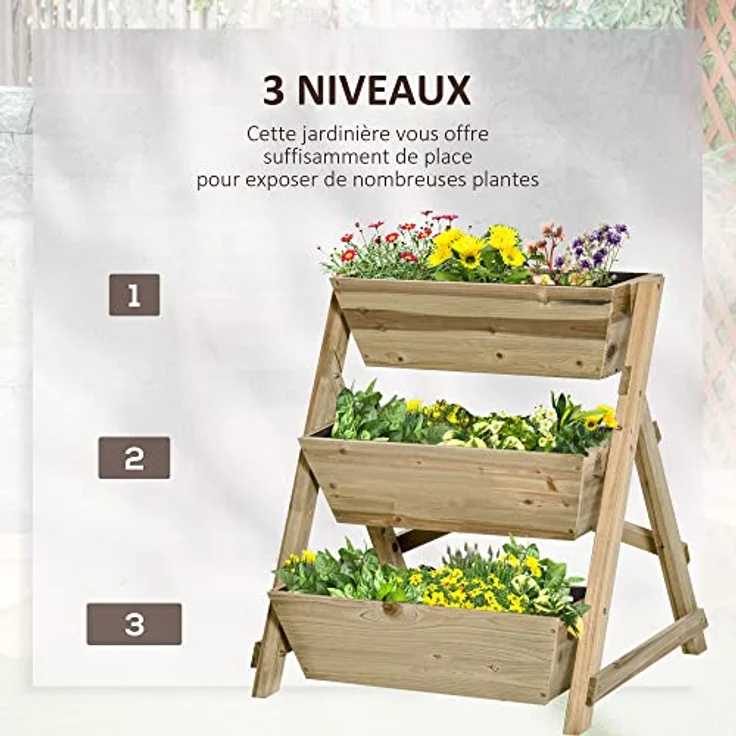 Outsunny Hochbeet Blumentreppe Holz Blumenleiter mit 3 Ablagen Pflanzentreppe Pflanzregal Pflanzenständer Blumenregal Blumenständer Natur 71 x 61 x 77 cm – Bild 4
