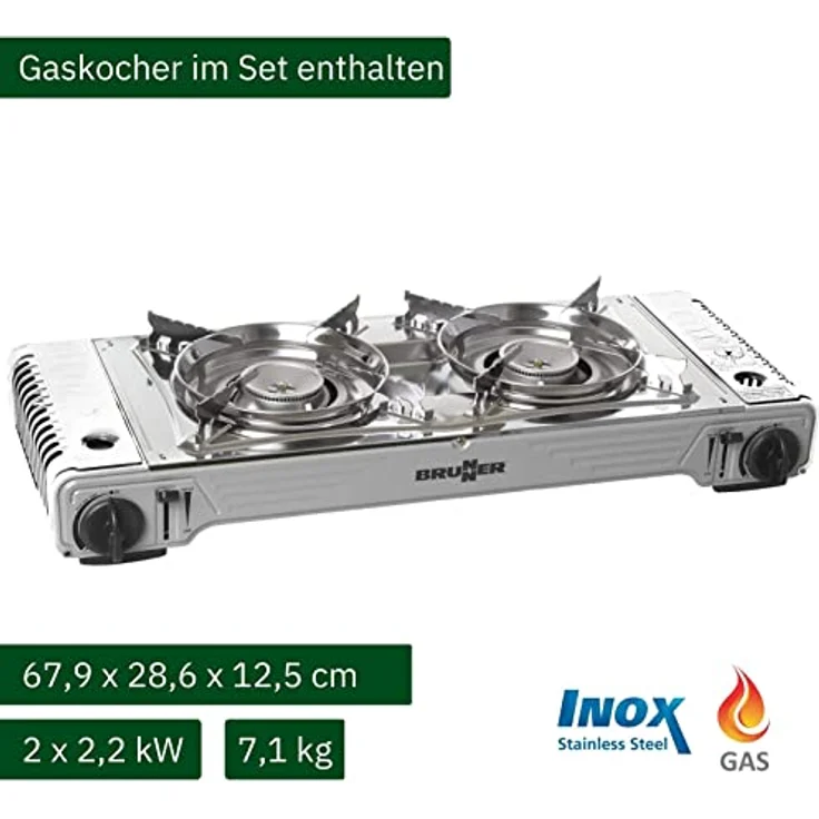 BRUNNER Gaskocher Outdoor DEVIL 2-Flammig mit Grillplatte und Piezozündung - Antihaft, ideal zum Kochen und Grillen für Unterwegs – Bild 3