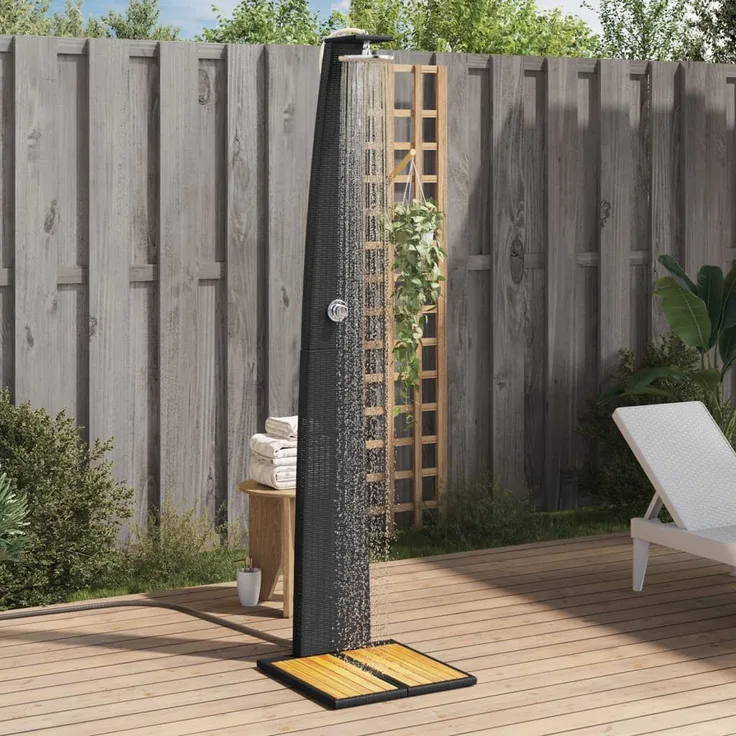vidaXL Gartendusche aus Poly Rattan, stabil mit Akazienholz-Boden, schwarz