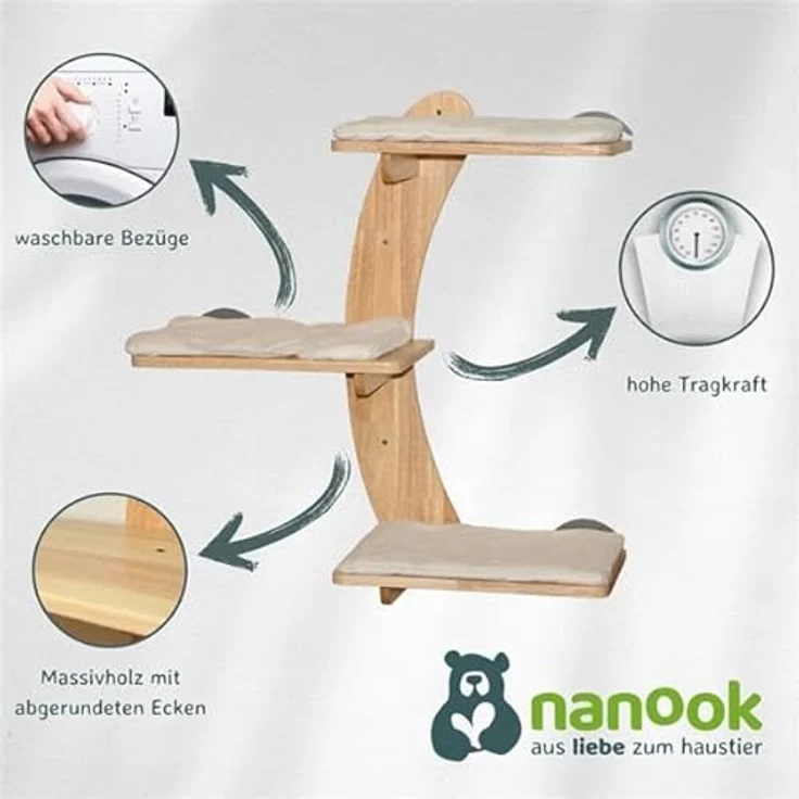 nanook Katzen Kletterwand Wandkratzbaum - 3-stufig - mit Katzenliegen Katzenkissen - 70 x 70 cm - zur Wandmontage - naturfarben – Bild 3