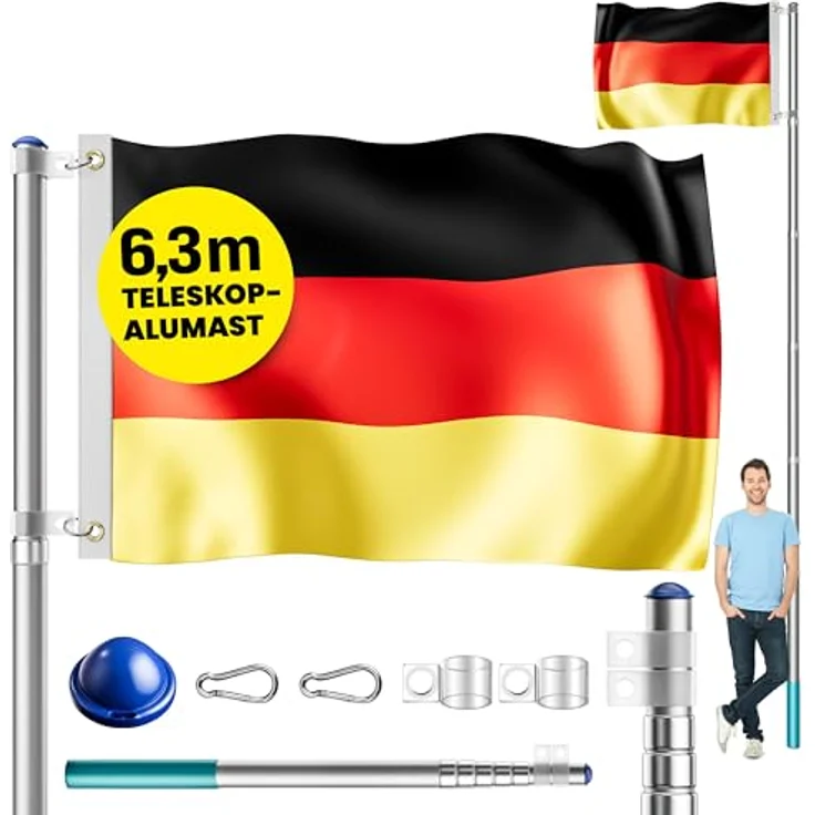 Fahnenmast Aluminium Teleskop 630cm Bodenhülse 60cm inkl. Deutschlandfahne Flaggenmast Mast Flagge Alu – Bild 2