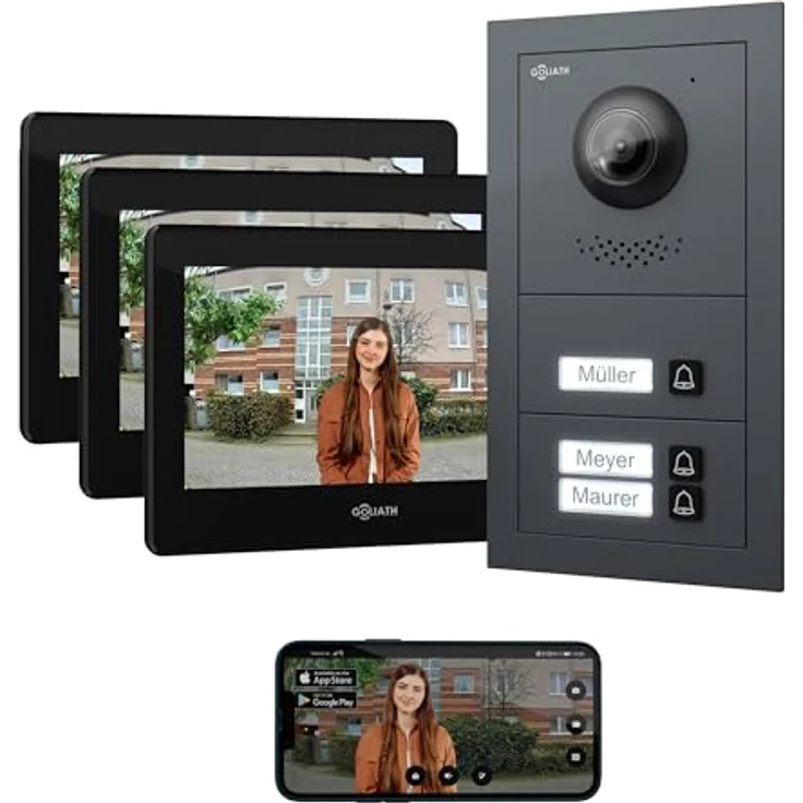 Goliath Intercom Video-Türsprechanlage, 3-Familien Goliath Basic-Line, 7-Zoll Monitor Weiß/Schwarz, HD Kamera, 2-Draht BUS, app-fähig – Bild 1