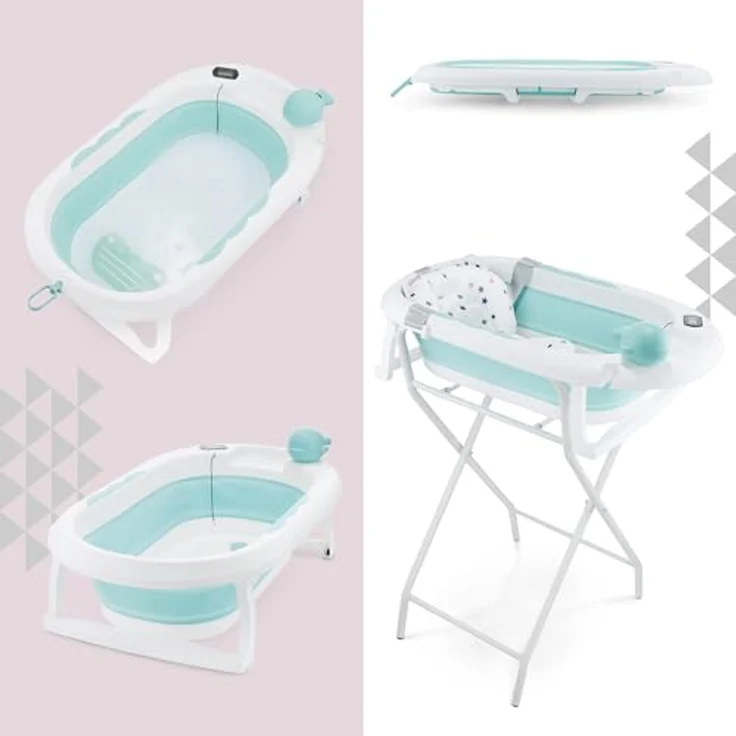 Moby-System Faltbare Babybadewanne mit Thermometer und Ständer, ergonomisch, mint – Bild 4