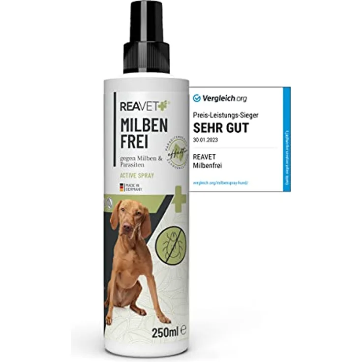 ReaVET Anti Milben Spray 250ml für Hund, Katze & Pferd – Natürliches Mittel gegen Milben bei Hunden oder Katzen, Milbenspray mit Soforteffekt gegen Juckreiz und Befall, Milben sicher entfernen