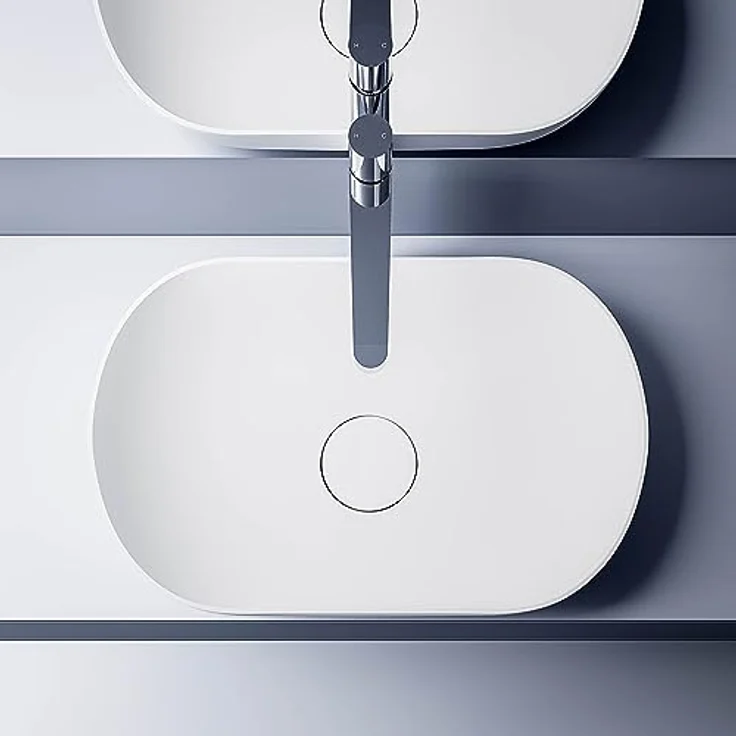 Bernstein Waschbecken O-541, Aufsatzwaschbecken aus Mineralguss - 54 x 34 x 13 cm - Farbe wählbar, Oval, Matt, mit Blende und Ablaufventil - Weiß/Grau/Weiß – Bild 4