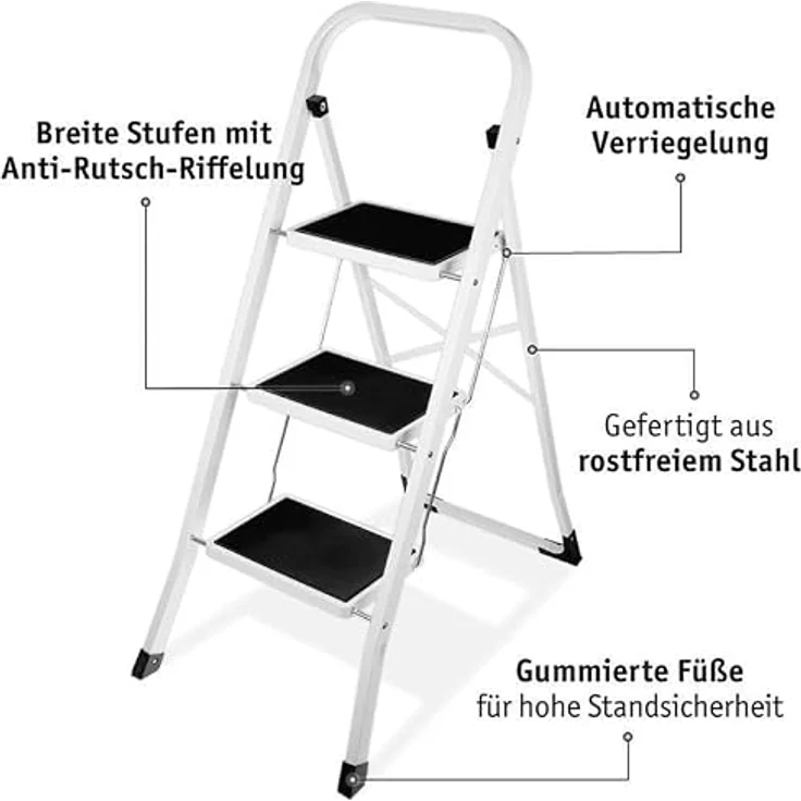 LEFELD 3-Stufige klappbare Trittleiter, belastbar bis 150 kg, Anti-Rutsch, platzsparend faltbar, 300 x 200 mm, 613309 – Bild 2