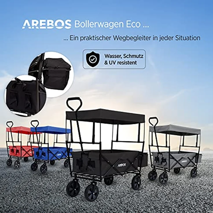 Arebos Bollerwagen faltbar mit Dach | Transportwagen bis 70 kg Tragkraft | 360° Vollgummireifen | inkl. 2 Netztaschen und Außentasche | Schwarz – Bild 4