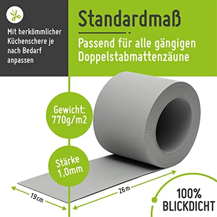 TerraUno - Nachhaltige Sichtschutzstreifen für Doppelstabmatten - Polypropylen - RAL 7040 I 26m x19cm Rolle I Qualität Made in Germany I Doppelstabmattenzaun Sichtschutz I Zaun Sichtschutzstreifen – Bild 2