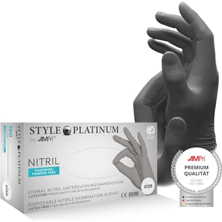 AMPri Nitrilhandschuhe, silbergrau, platinum, 100 Stück/Box, Größe M, puderfrei, Style PLATINUM by Med-Comfort: Nitril Einmalhandschuhe in den Größen XS, S, M, L, XL – Bild 1