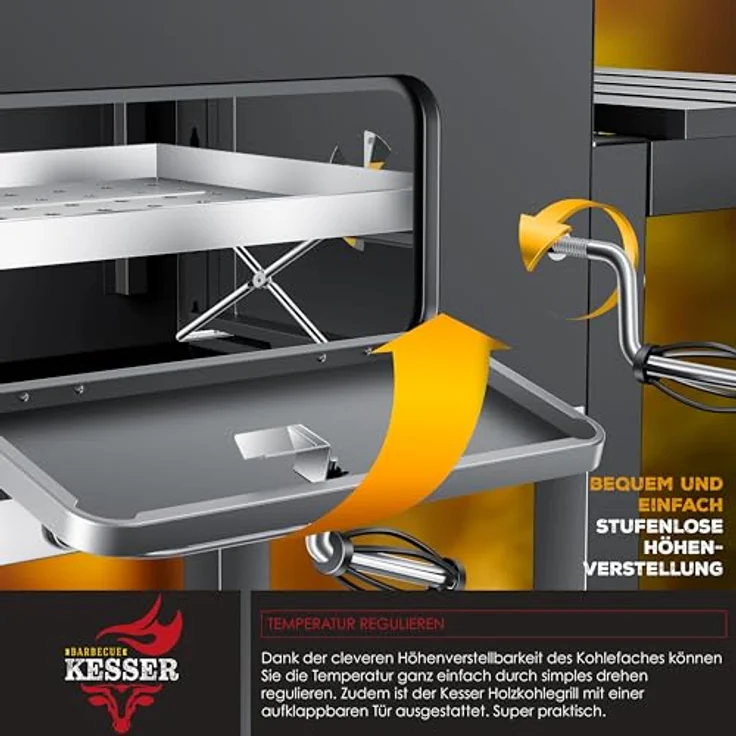 KESSER® Grill Grillwagen BBQ Smoker XL Holzkohlegrill mit Deckel, Rädern, Edelstahl-Griff, Grillrost und Thermometer, 8 Spieße mit Tasche & Silikon-Pinsel, Standgrill, Kohlegrillwagen – Bild 6