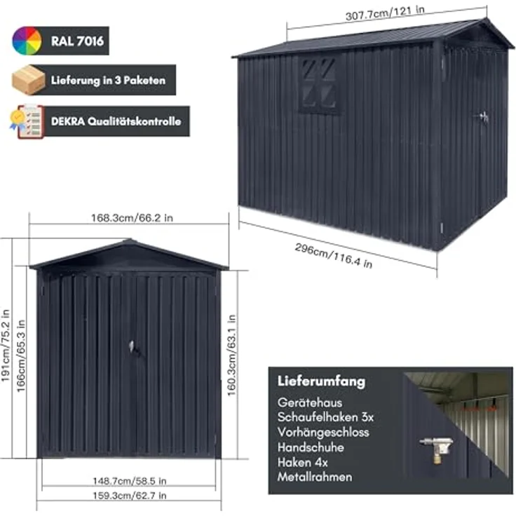 Albatros Premium Motorradgarage, verzinktes Metall in Anthrazit (RAL 7016), wetterfest und abschließbar, 169x296x191cm – Bild 2