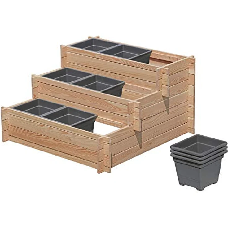 Gartenpirat Stufenbeet Holz Lärche Hochbeet dreistufig mit 9X Pflanzkasteneinsatz, wetterfest für Garten, Terrasse oder Balkon – Bild 3