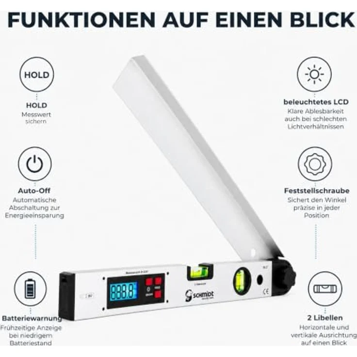 SCHMIDT security tools WM-420A digitale Wasserwaage und Winkelmesser, LCD Display mit blauer Hintergrundbeleuchtung, Messgenauigkeit ±0,5°, Silber – Bild 9