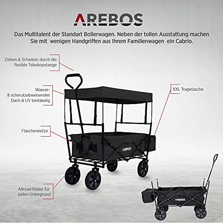 Arebos Bollerwagen faltbar mit Dach | Transportwagen bis 70 kg Tragkraft | 360° Vollgummireifen | inkl. 2 Netztaschen und Außentasche | Schwarz – Bild 2