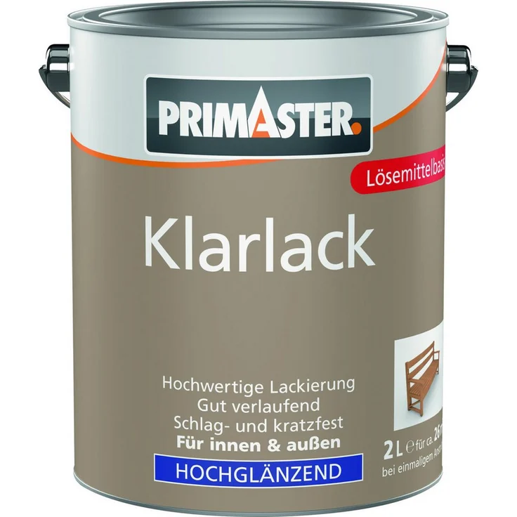 Primaster Klarlack 2 L, farblos hochglänzend, transparenter Hochglanz-Schutzlack für Holzflächen