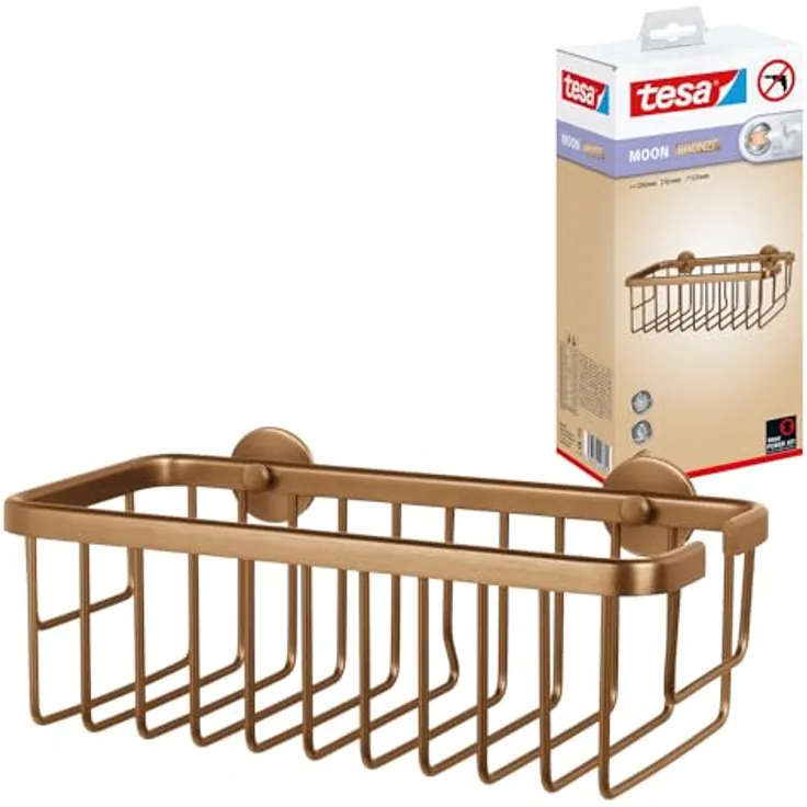 tesa MOON BRONZE selbstklebende Duschablage in gebürsteter Bronze - einstöckig und extra tief - Duschregal aus PVD-beschichtetem Metall - ohne Bohren, mit Klebelösung - 250mm x 92mm x 125mm