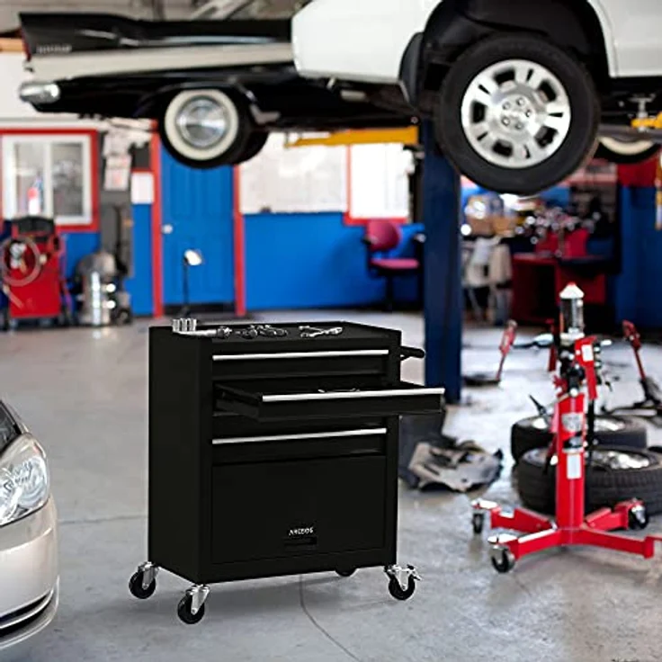 Arebos Werkstattwagen 5 Fächer, Werkzeugwagen, Rollwagen, 4 Schubladen bestückt mit 81-tlg. Werkzeug, Stauraum, Stahlkonstruktion - Arebos Werkzeugwagen 4 Schubladen, Anthrazit – Bild 2