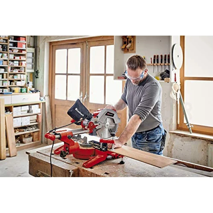 Einhell Zug-Kapp-Gehrungssäge TC-SM 254 (1.900 W, doppelt gelagerte Zugfunktion, Drehtisch mit Schnellverstellung und Einrastpositionen, Laser, inkl. Hartmetall-Sägeblatt) – Bild 2