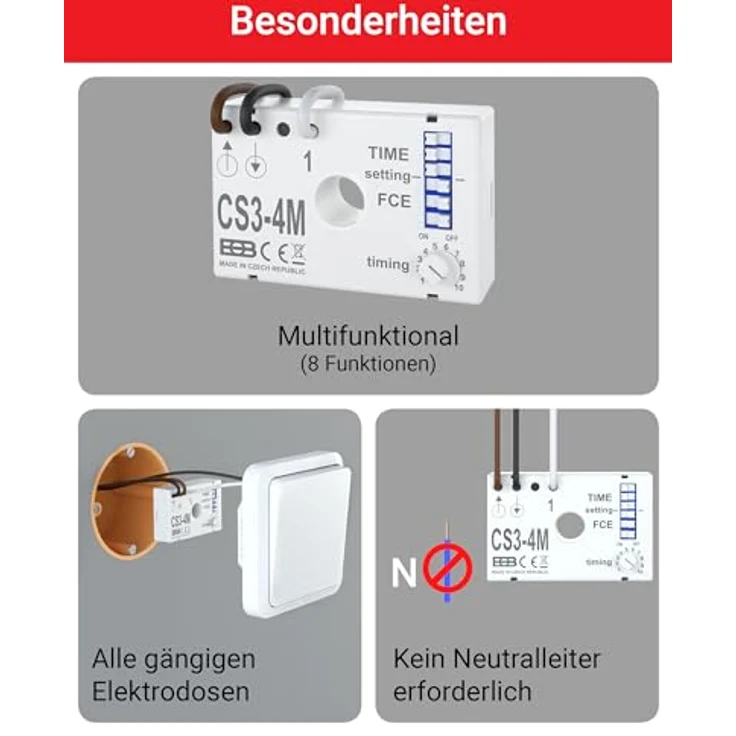 Elektrobock CS3-4M, Multifunktions Zeitschaltuhr mit 8 Schaltfunktionen, Unterputz, Verzögerungs- und Impuls-Relais – Bild 2