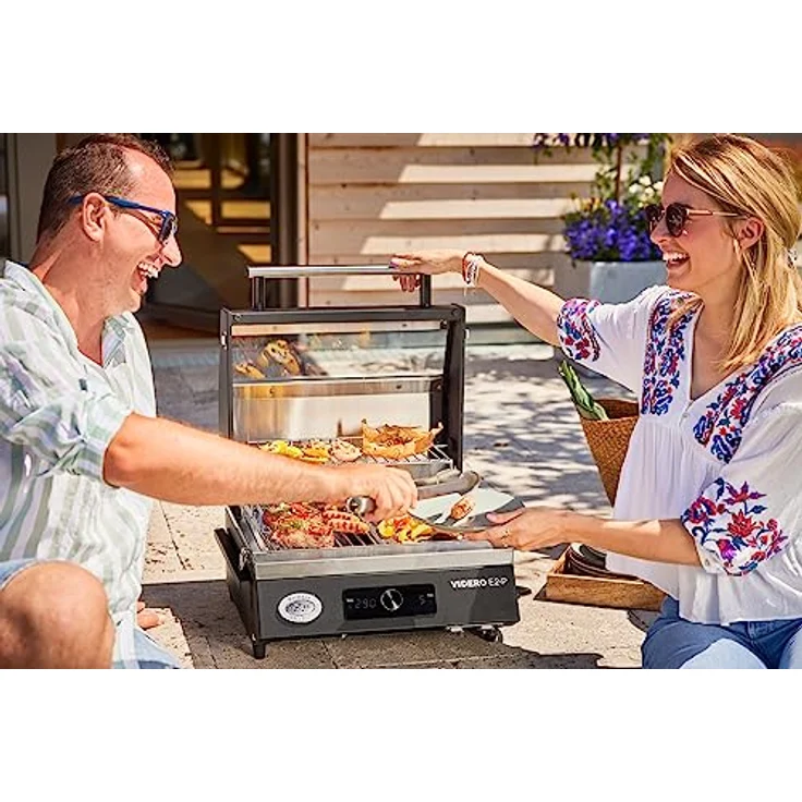 RÖSLE Elektrogrill BBQ-Portable Videro E2-P, tragbarer Tischgrill mit 2 Brennern, Warmhalterost und Deckel mit Glaseinsatz, pulverbeschichteter Stahl, schwarz/silbern - Preisvergleich – Bild 5