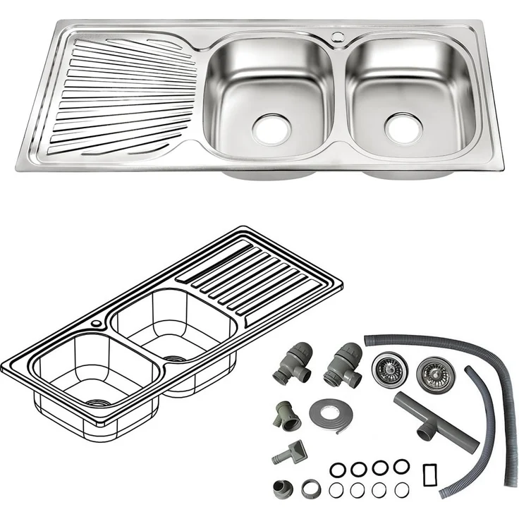 MUCOLA 120CM Doppel Spülbecken Ablage Einbauspüle Edelstahlspüle Spülbecken 2 Becken – Bild 2