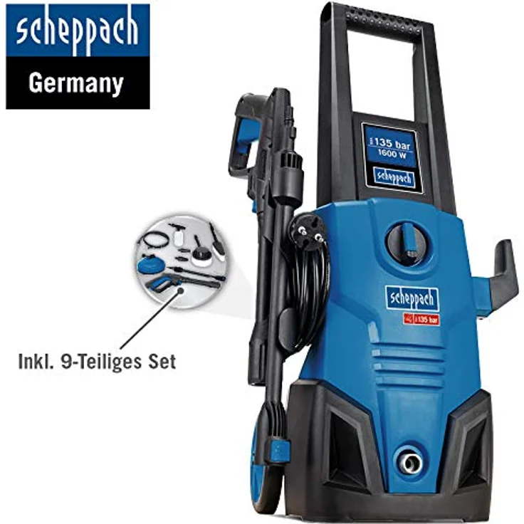 Scheppach Hochdruckreiniger HCE 1600, 1600 W Motor mit 135 Bar, inkl. 9-tlg. Zubehörset für vielseitige Anwendungen – Bild 3