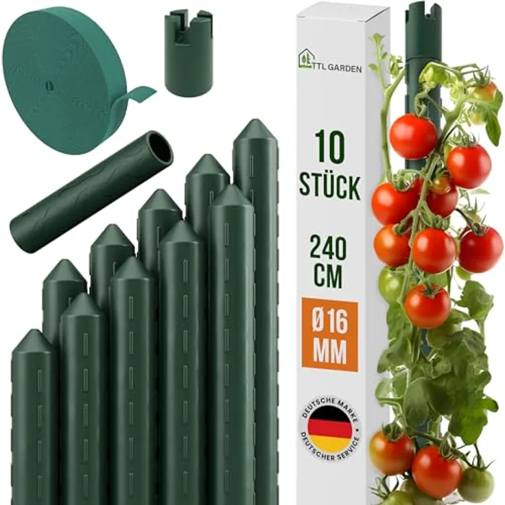 TTL GARDEN Rankstäbe 10er Set, 240cm x 16mm Ø grün, extra stabile Pflanzenstützen aus rostfreiem Stahl, inkl. Klettband für Tomaten, Paprika & Blumen