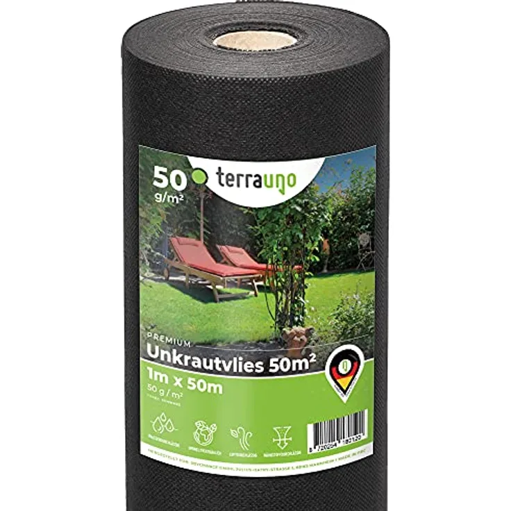 TerraUno - Premium Unkrautvlies 50 g/m² - 50m x 1m = 50 m² Unkrautfolie auf der Rolle I wasserdurchlässig, atmungsaktiv & nährstoffdurchlässig I Gartenvlies gegen Unkraut für den Gartenbau