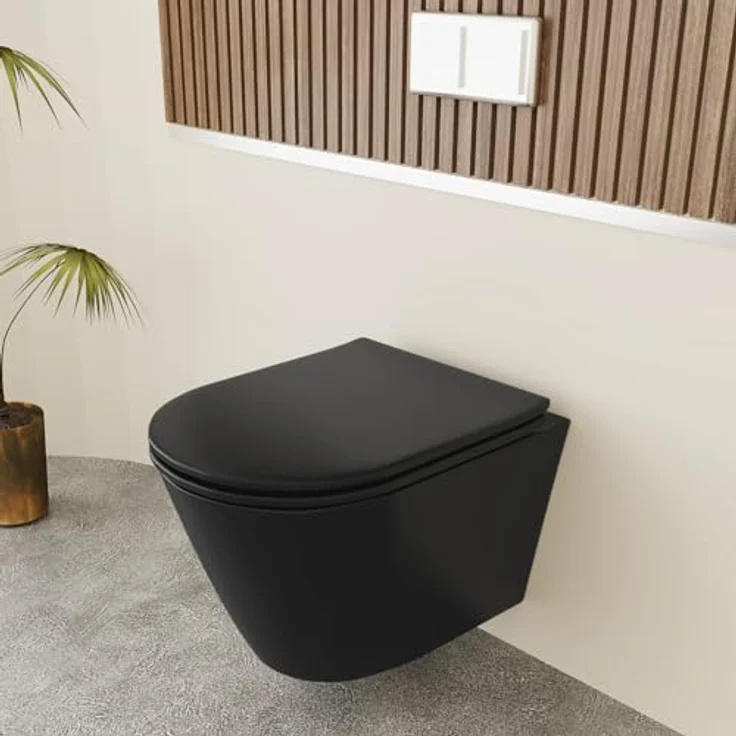 Alpenberger Hänge WC Schwarz Matt | Moderne Toiletten | Kloschüssel mit Toilettendeckel mit Absenkautomatik | Wand WC Spülrandlos – Bild 2